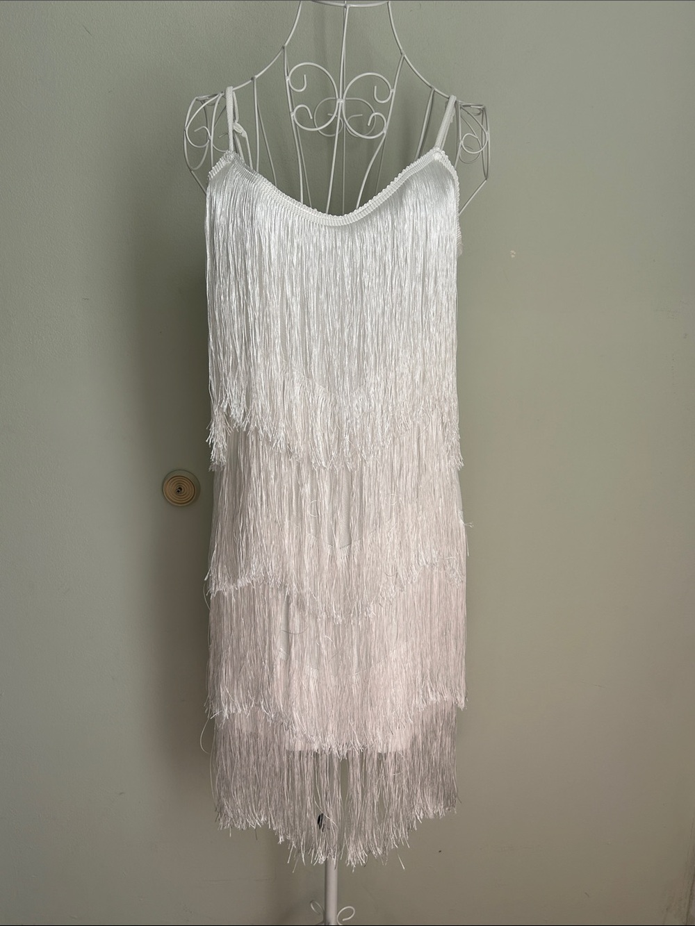 SHEIN White Fringe Tiered Spaghetti Strap Dress